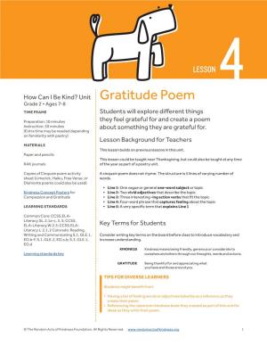 Gratitude Poem Grade 2 • Ages 7-8 TIME FRAME Students Will Explore Different Things