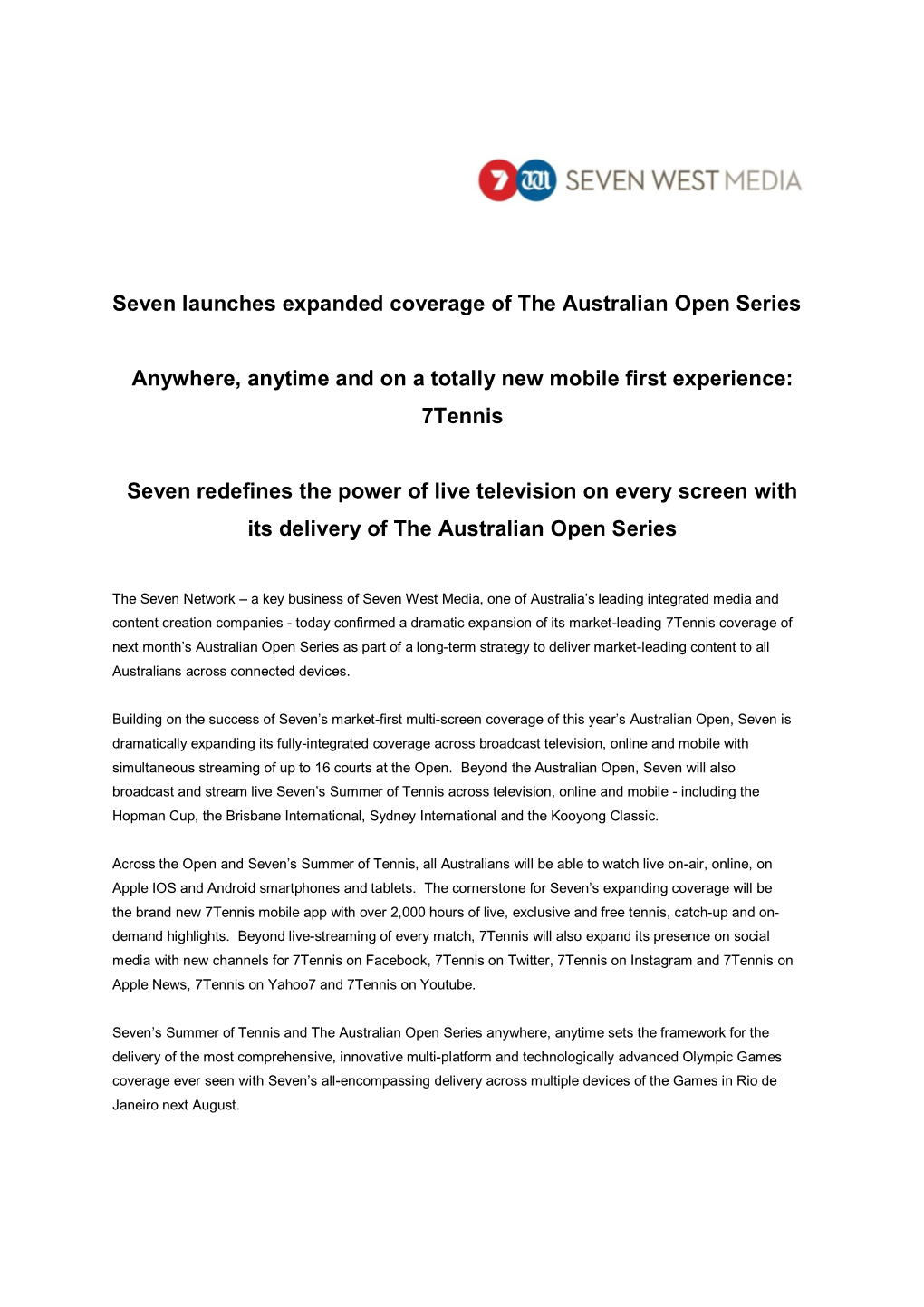 Seven Launches Expanded Coverage of the Australian Open Series