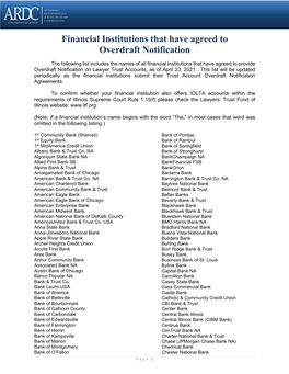 Financial Institutions That Have Agreed to Overdraft Notification