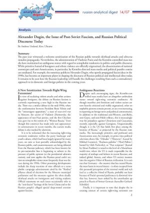 Russian Analytical Digest 14/07 Alexander Dugin, the Issue of Post-Soviet Fascism, and Russian Political Discourse Today