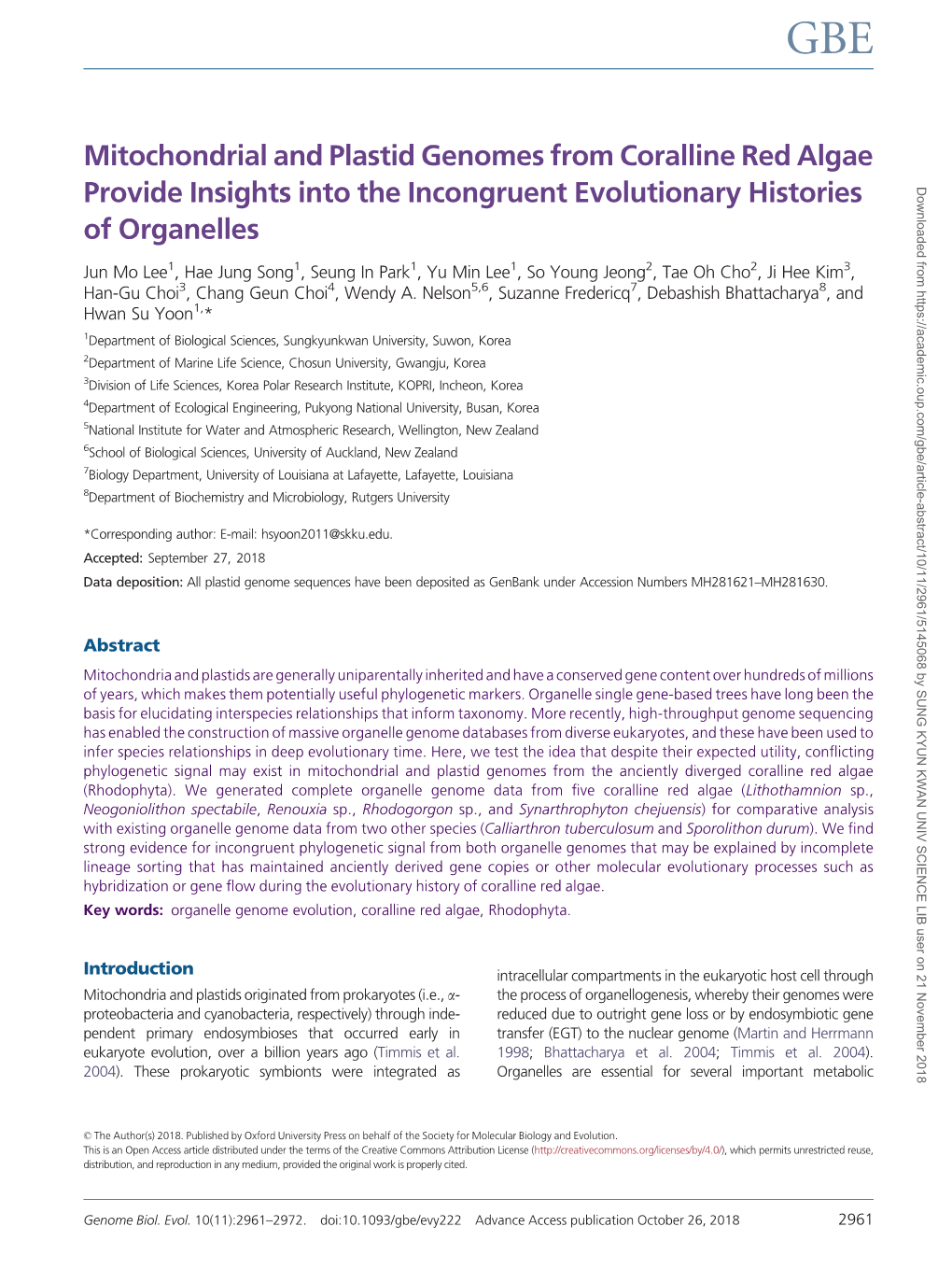 Mitochondrial and Plastid Genomes from Coralline Red Algae Provide