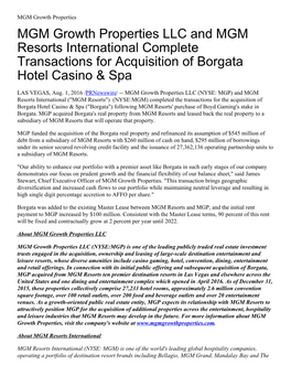 MGM Growth Properties LLC and MGM Resorts International Complete Transactions for Acquisition of Borgata Hotel Casino &