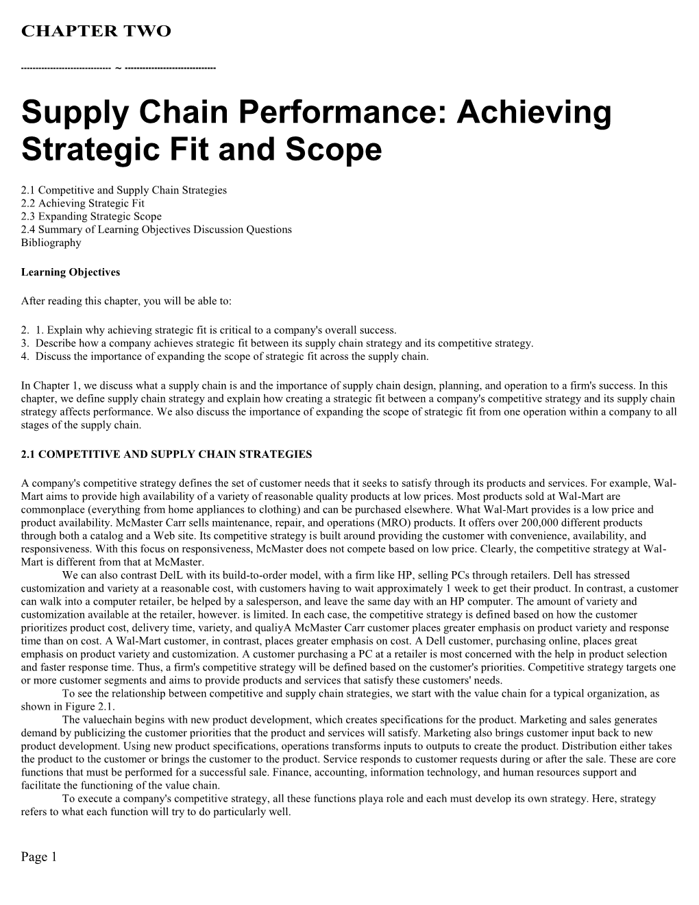 Supply Chain Performance: Achieving Strategic Fit and Scope