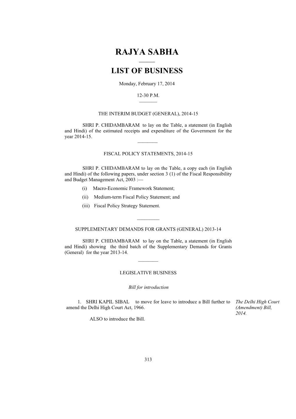 Rajya Sabha —— List of Business