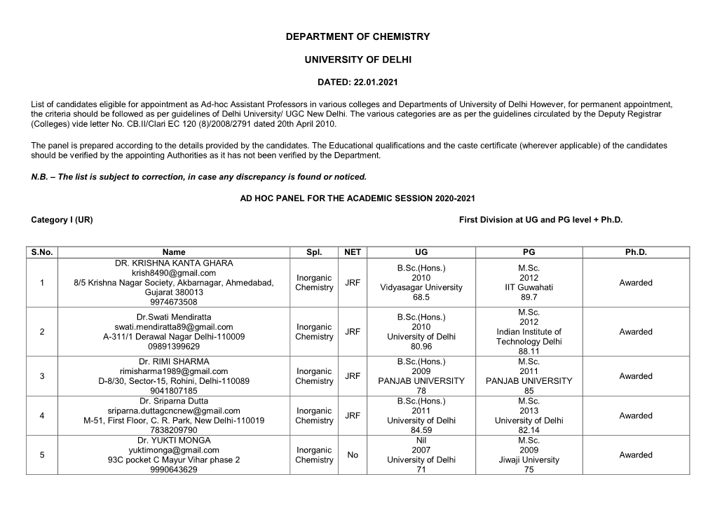 Department of Chemistry University of Delhi-110007 Chemistry University of Delhi University of Delhi Uing 9953299849 82.61 71.38 KRISHAN KUMAR B.Sc.(Hons.) M.Sc