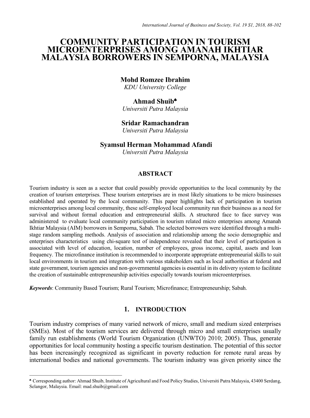 Community Participation in Tourism Microenterprises Among Amanah Ikhtiar Malaysia Borrowers in Semporna, Malaysia