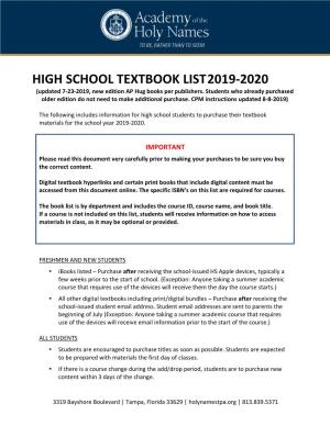 HIGH SCHOOL TEXTBOOK LIST 2019-2020 (Updated 7-23-2019, New Edition AP Hug Books Per Publishers