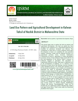 Land Use Pattern and Agricultural Development in Kalwan Tahsil of Nashik District in Maharashtra State