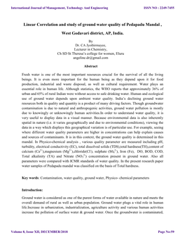 Linear Correlation and Study of Ground Water Quality of Pedapadu Mandal