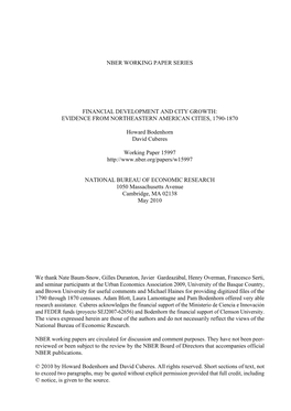 NBER WORKING PAPER SERIES FINANCIAL DEVELOPMENT and CITY GROWTH: EVIDENCE from NORTHEASTERN AMERICAN CITIES, 1790-1870 Howard Bo