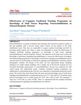 Effectiveness of Computer Facilitated Teaching Programme on Knowledge of Staff Nurses Regarding Neurorehabilitation in Selected Hospitals, Thrissur