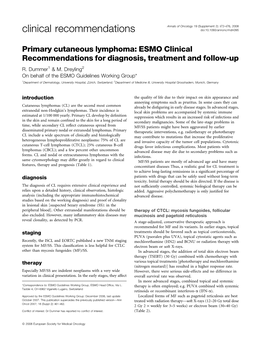 Primary Cutaneous Lymphoma: ESMO Clinical Recommendations for Diagnosis, Treatment and Follow-Up R