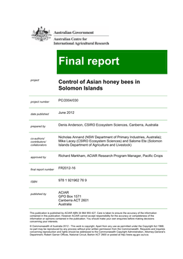 Final Report Project Control of Asian Honey Bees in Solomon Islands