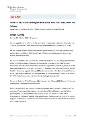 IRLAND Minister of Further and Higher Education, Research, Innovation and Science Department of Further and Higher Education, Research, Innovation and Science