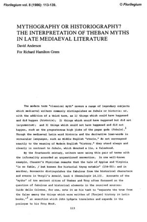 THE INTERPRETATION of THEBAN MYTHS in LATE MEDIAEVAL LITERATURE David Anderson for Richard Hamilton Green