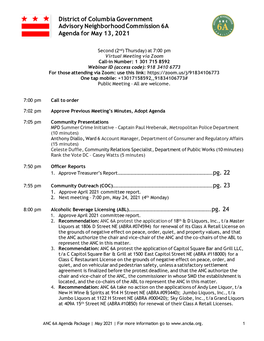 District of Columbia Government Advisory Neighborhood Commission 6A Agenda for May 13, 2021