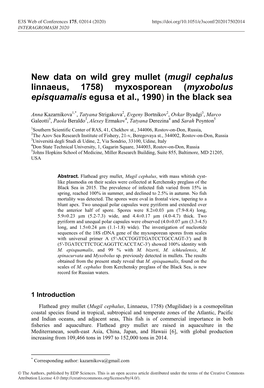 New Data on Wild Grey Mullet (Mugil Cephalus Linnaeus, 1758) Myxosporean (Myxobolus Episquamalis Egusa Et Al., 1990) in the Black Sea