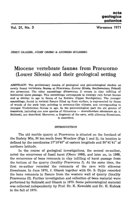 Miocene Vertebrate Faunas from Przeworno (Lower Silesia) and Their Geologi.Cal Setting
