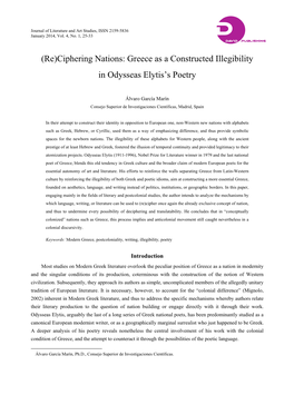 (Re)Ciphering Nations: Greece As a Constructed Illegibility in Odysseas Elytis’S Poetry