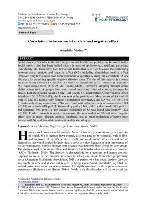 Correlation Between Social Anxiety and Negative Affect