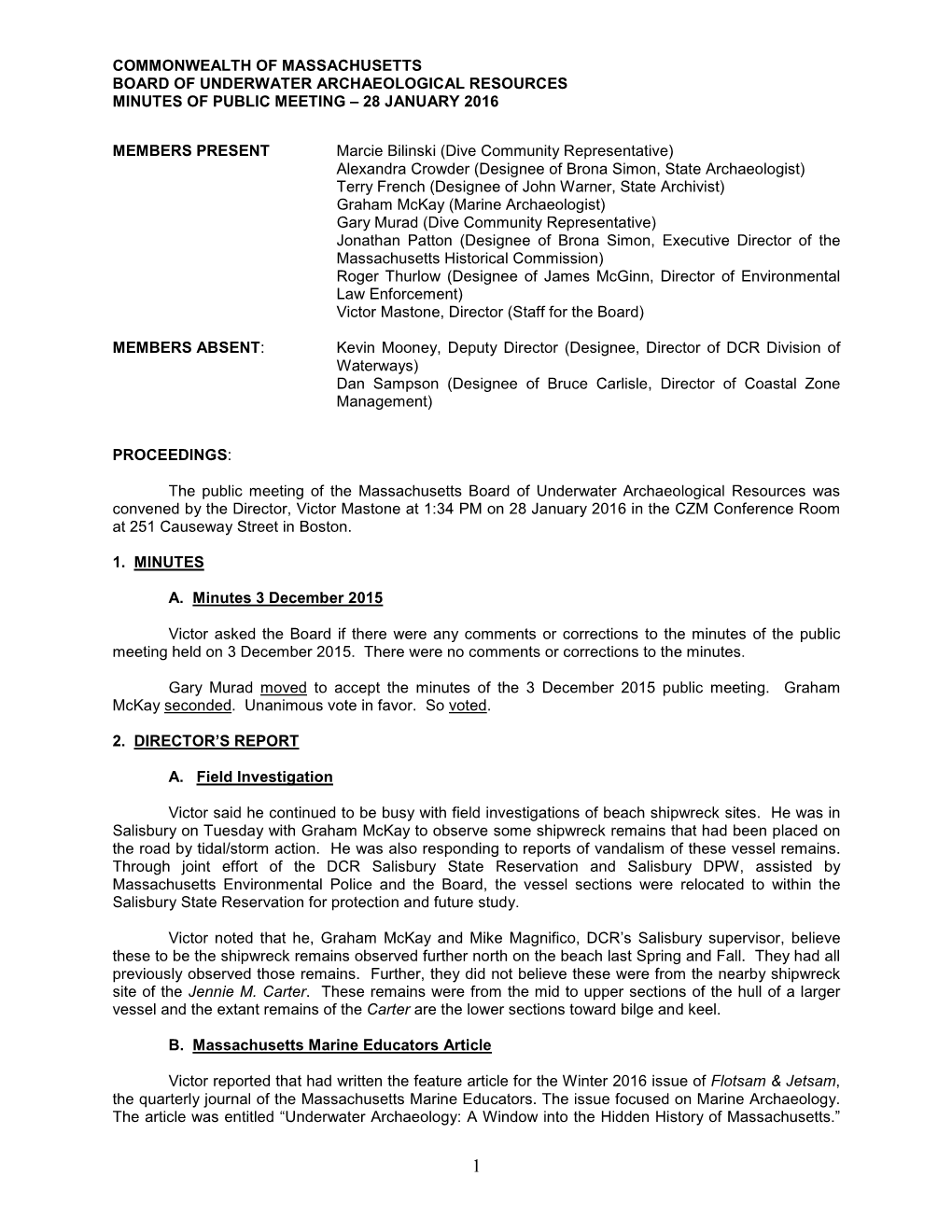 Commonwealth of Massachusetts Board of Underwater Archaeological Resources Minutes of Public Meeting – 28 January 2016