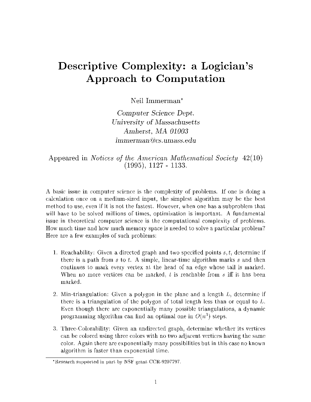 Descriptive Complexity: a Logician's Approach to Computation