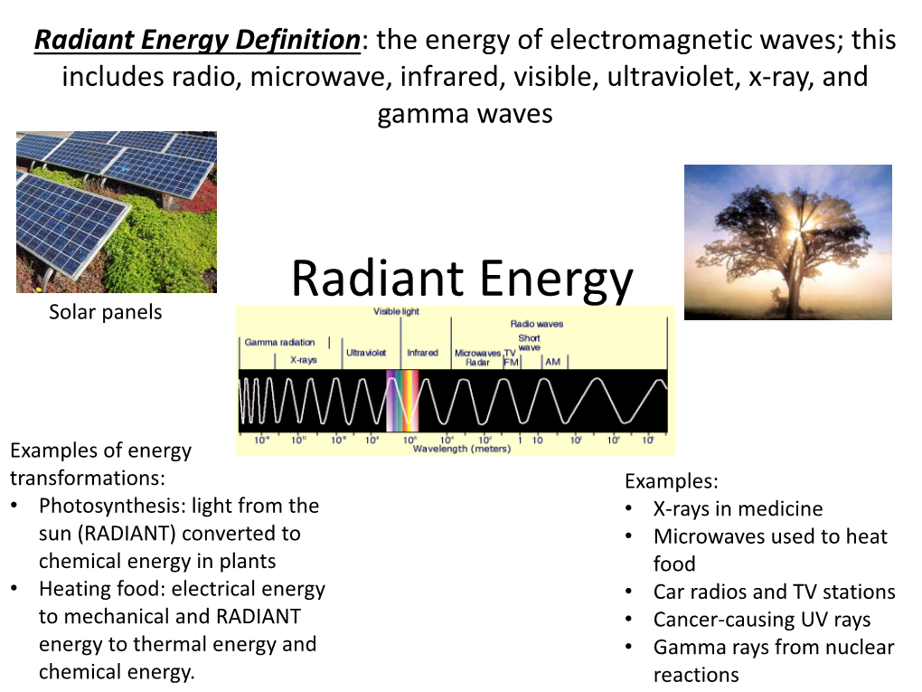 Radiant Energy Definition: the Energy of Electromagnetic Waves; This Includes Radio, Microwave, Infrared, Visible, Ultraviolet, X-Ray, and Gamma Waves