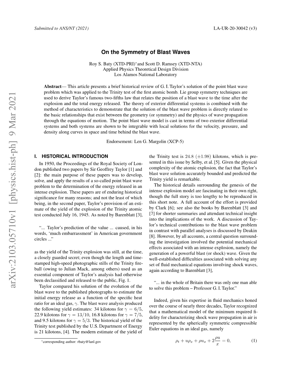 Arxiv:2103.05710V1 [Physics.Hist-Ph] 9 Mar 2021 Taylor Compared His Solution of the Evolution of the to Solve This Problem – Professor G