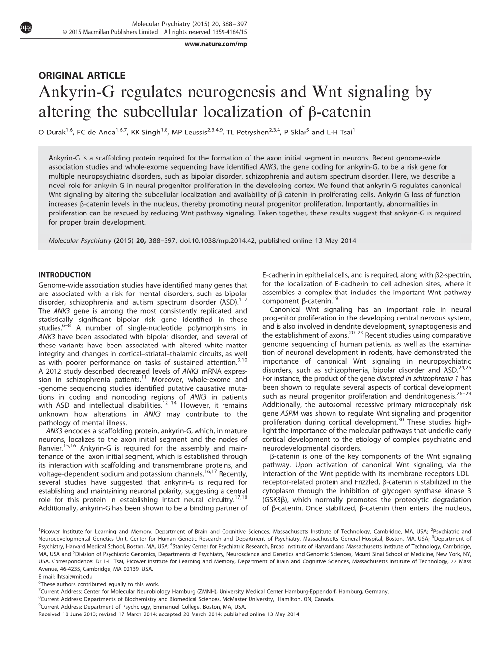 Ankyrin-G Regulates Neurogenesis and Wnt Signaling by Altering the Subcellular Localization of Β-Catenin