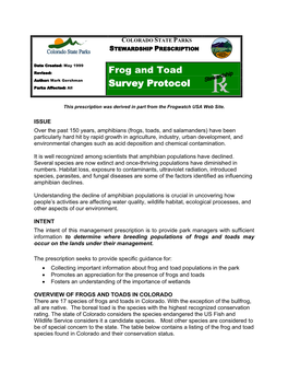 Frog and Toad Survey Prescription