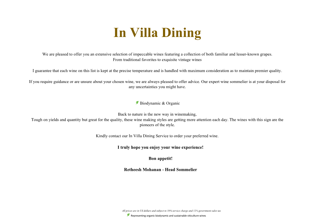 In Villa Dining