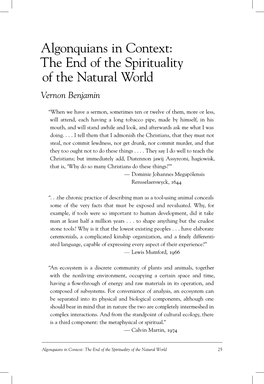 Algonquians in Context: the End of the Spirituality of the Natural World Vernon Benjamin