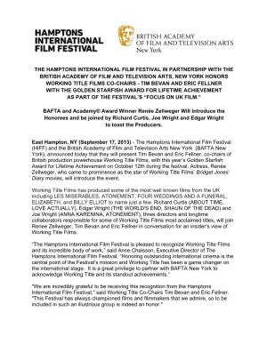 Hiff and Bafta New York to Honor Bevan and Fellner of Working Title Films With