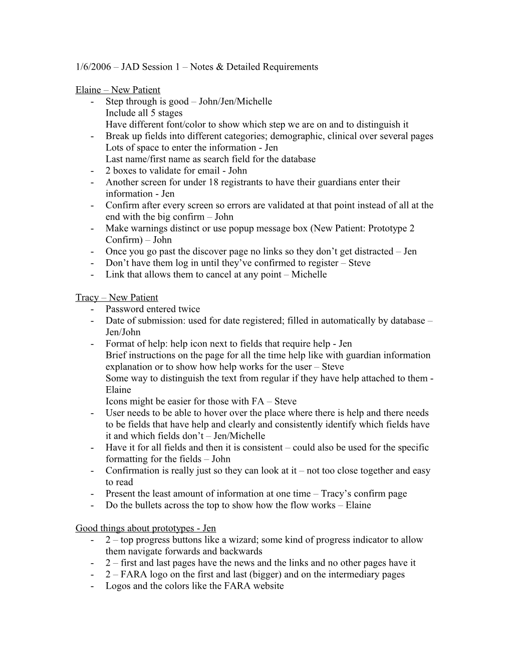 1/6/2006 JAD Session 1 Notes & Detailed Requirements