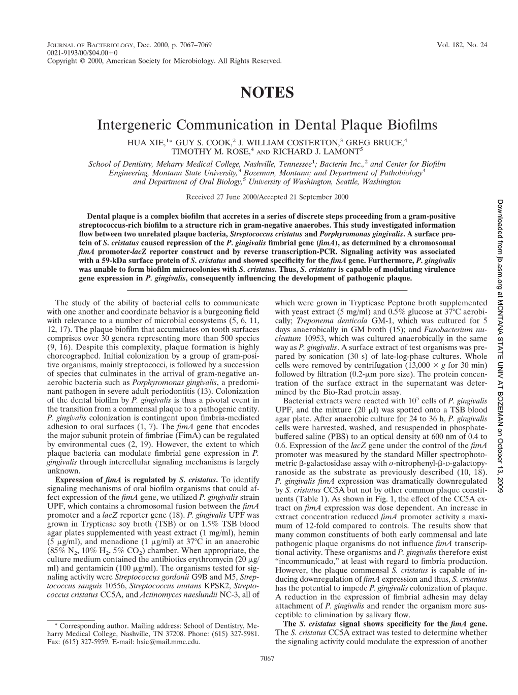 Intergeneric Communication in Dental Plaque Biofilms