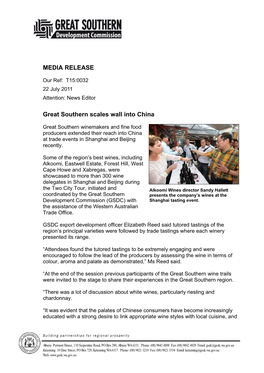 MEDIA RELEASE Great Southern Scales Wall Into China