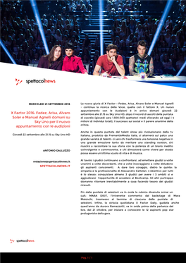 X Factor 2016: Fedez, Arisa, Alvaro Soler E Manuel Agnelli Domani Su