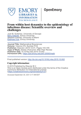 From Within Host Dynamics to the Epidemiology of Infectious Disease: Scientific Overview and Challenges Juan B