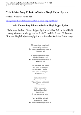 Neha Kakkar Song Tribute to Sushant Singh Rajput Lyrics - 07-01-2020 by Admin - Guitarchords