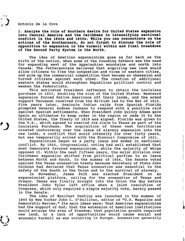 Antonio De La Cova 2. Analyze the Role of Southern Desire for United States Expansion Into Central America and the Caribbean In