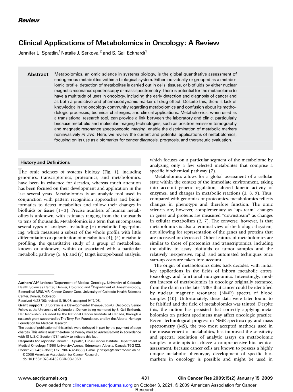 Clinical Applications of Metabolomics in Oncology: a Review Jennifer L