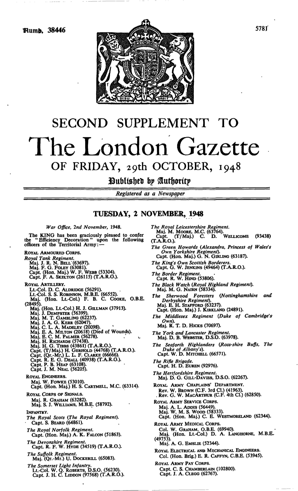 The London Gazette of FRIDAY, Ipth OCTOBER, 1948 Bubllsljrti Bp Sunjotttp Registered As a Newspaper