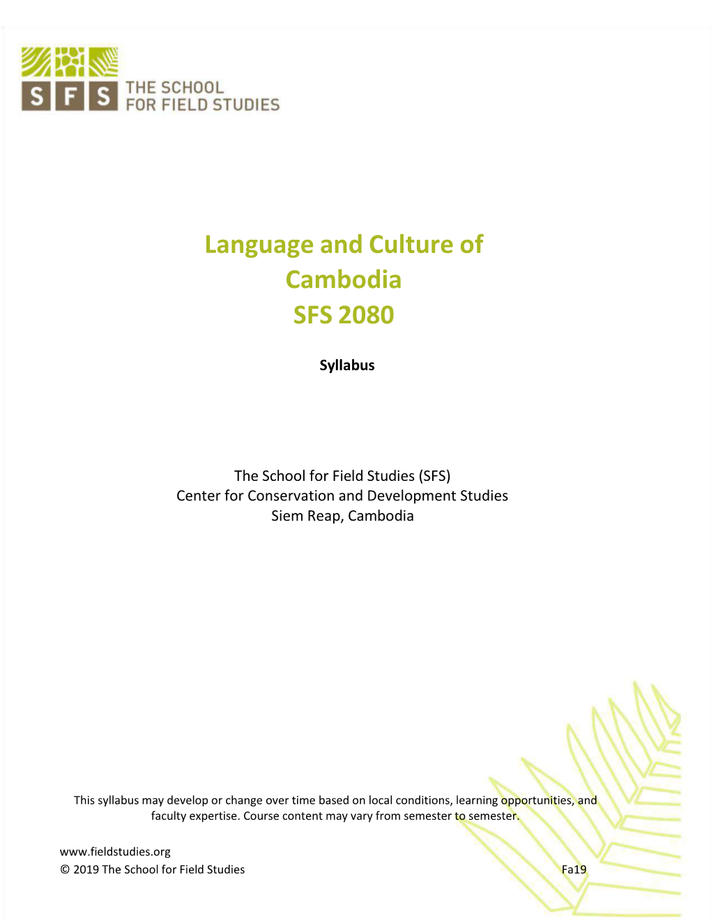 Language and Culture of Cambodia SFS 2080