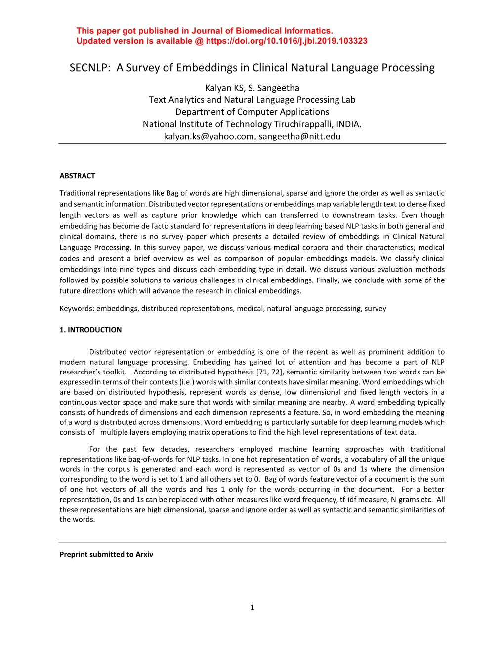 A Survey of Embeddings in Clinical Natural Language Processing Kalyan KS, S