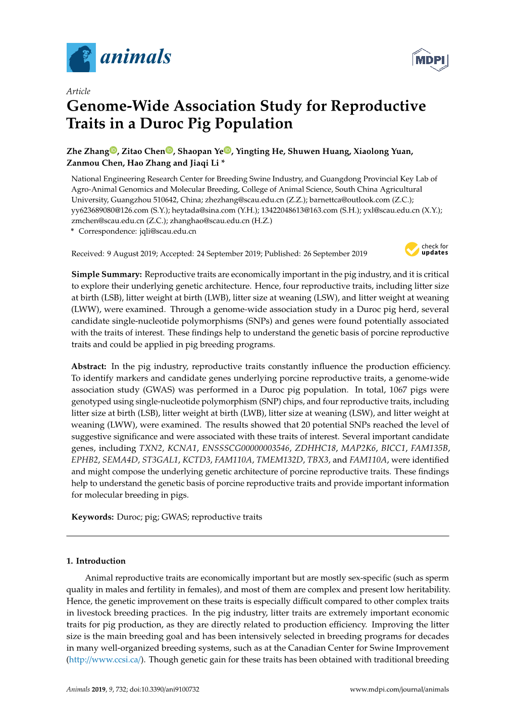 Genome-Wide Association Study for Reproductive Traits in a Duroc Pig Population