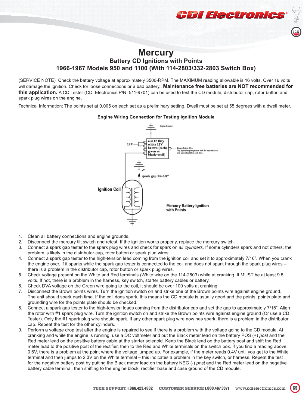 Mercury Battery CD Ignitions with Points 1966-1967 Models 950 and 1100 (With 114-2803/332-2803 Switch Box)