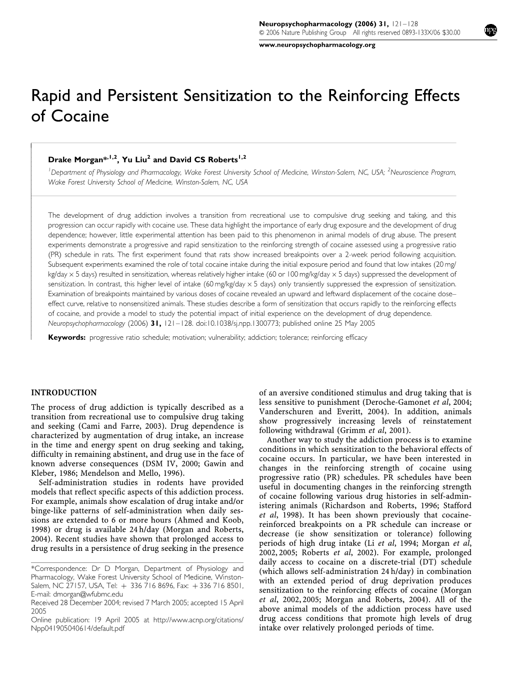 Rapid and Persistent Sensitization to the Reinforcing Effects of Cocaine