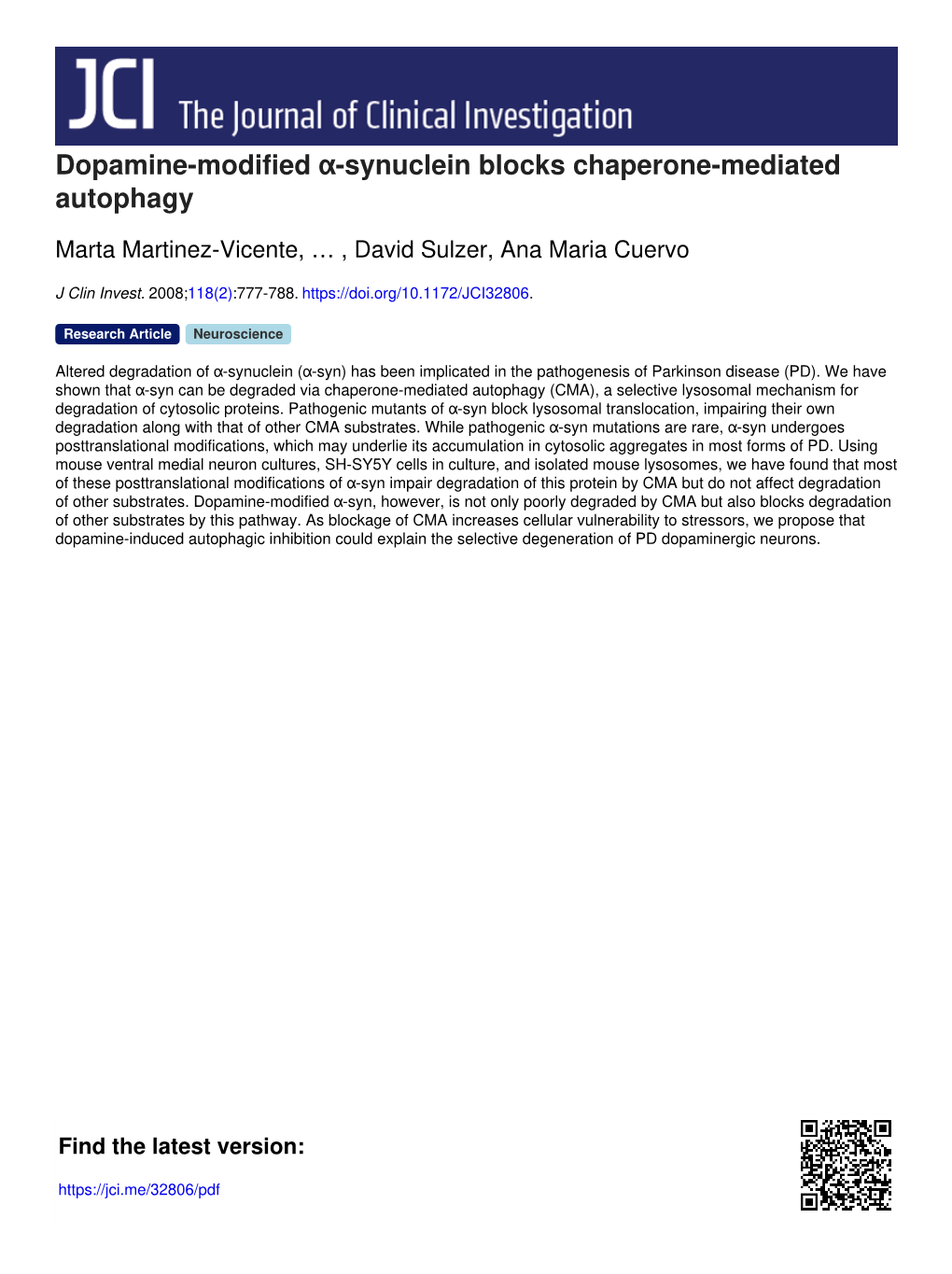 Dopamine-Modified Α-Synuclein Blocks Chaperone-Mediated Autophagy