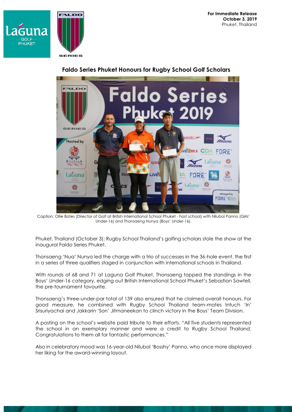 Faldo Series Phuket Honours for Rugby School Golf Scholars