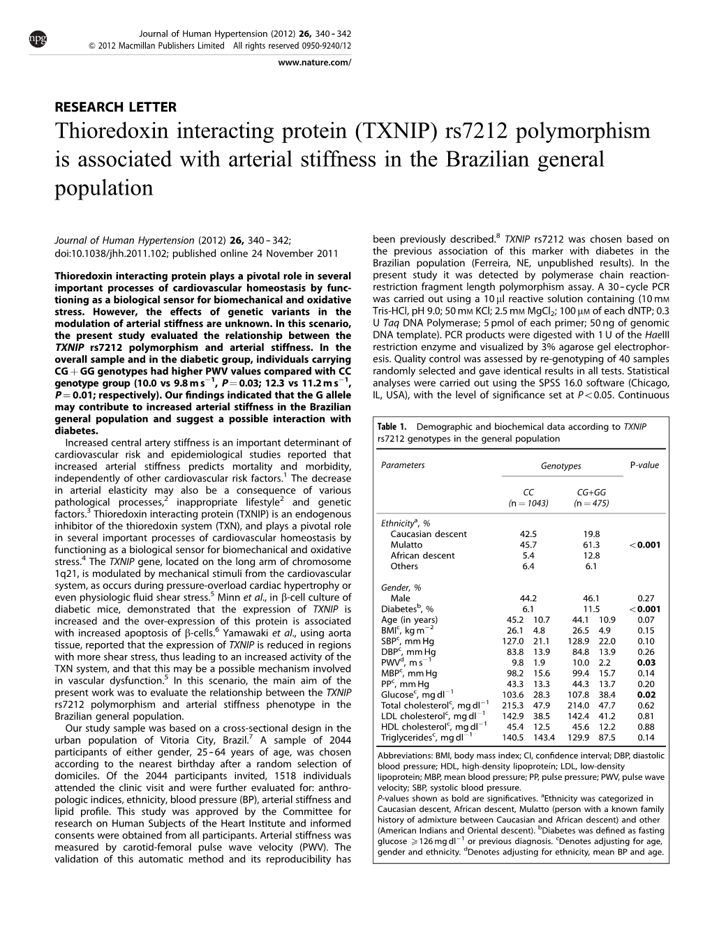 Thioredoxin Interacting Protein (TXNIP) Rs7212 Polymorphism Is Associated with Arterial Stiffness in the Brazilian General Population